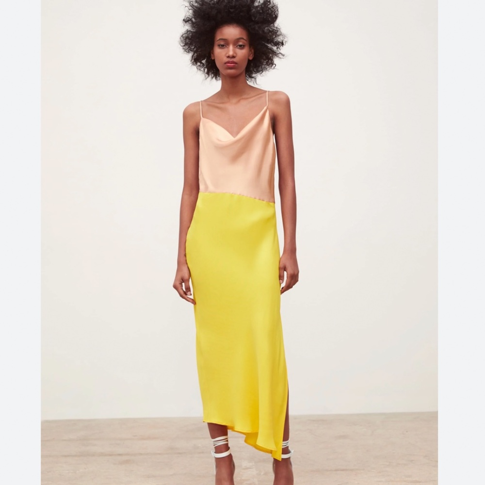 Zara Satin Yellow & Nude ColorBlock Slip Camisole Midi Maxi Dress